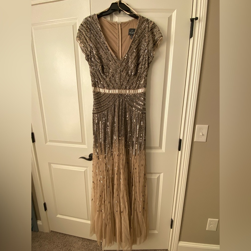 Adrianna Papell gown in Champagne with sequins and beading.